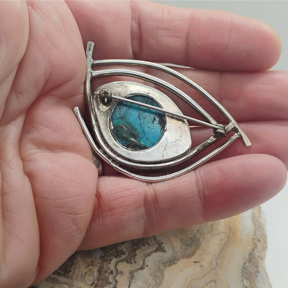 Vtg Modernist Artisan Signed Sterling Silver Turquoise Brooch - Picture 5 of 7